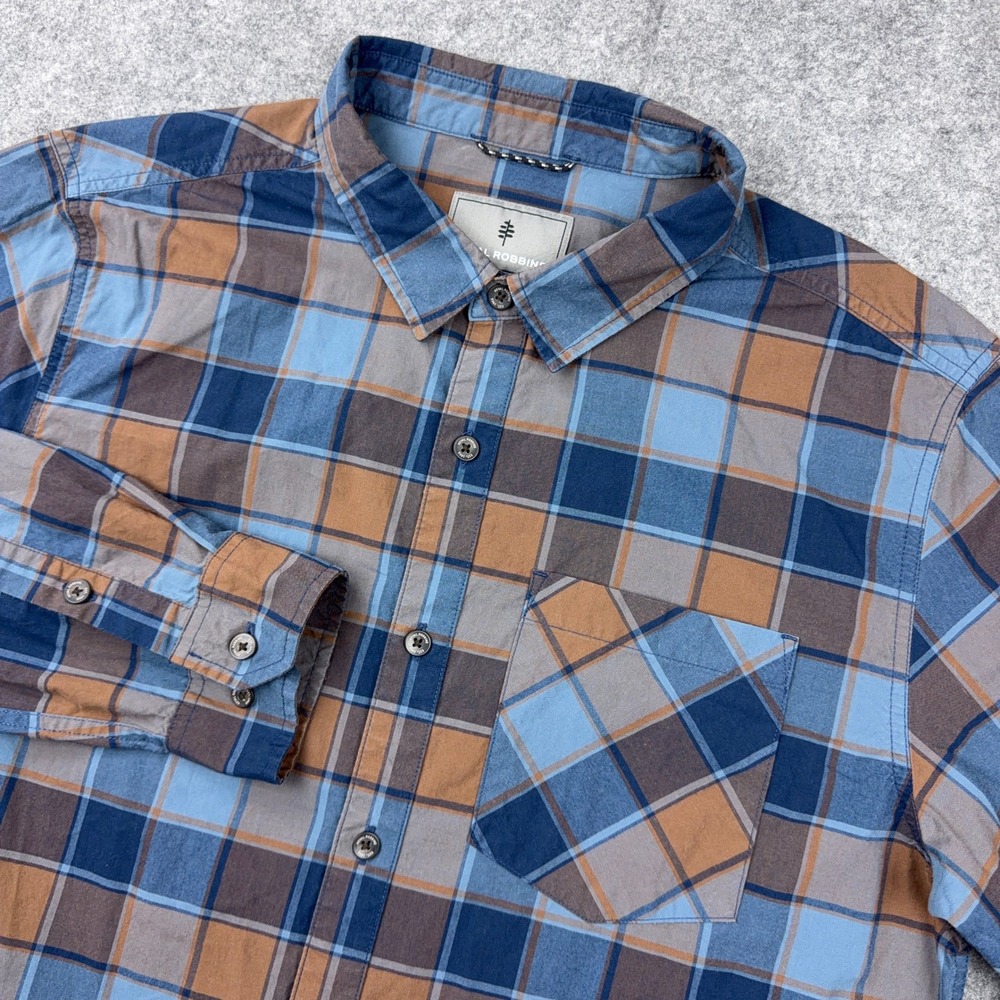 Royal Robbins Tamarack Shirt Mens L Large Blue Brown Plaid 100% Organic Cotton